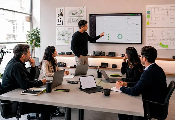 Reunião da equipe e-Hub analisando indicadores de uma operação de frota elétrica