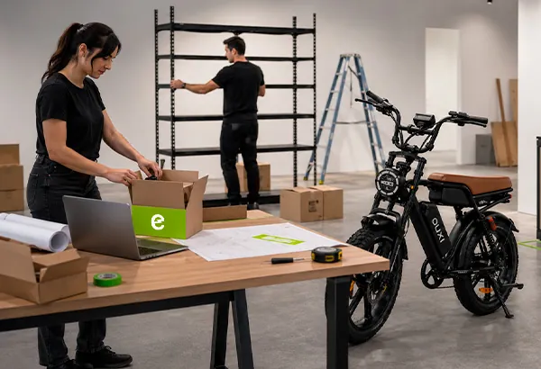 Equipe da e-Hub organizando peças e baterias no estoque, ao lado de uma bicicleta elétrica